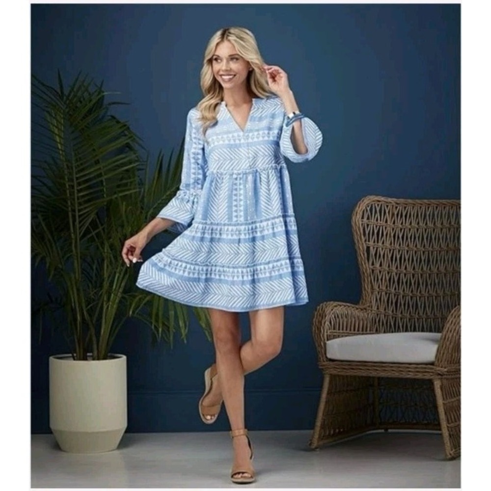Mud Pie Renee Tiered Boho Dress Blue White Geometric Jacquard V-Neck M Cotton